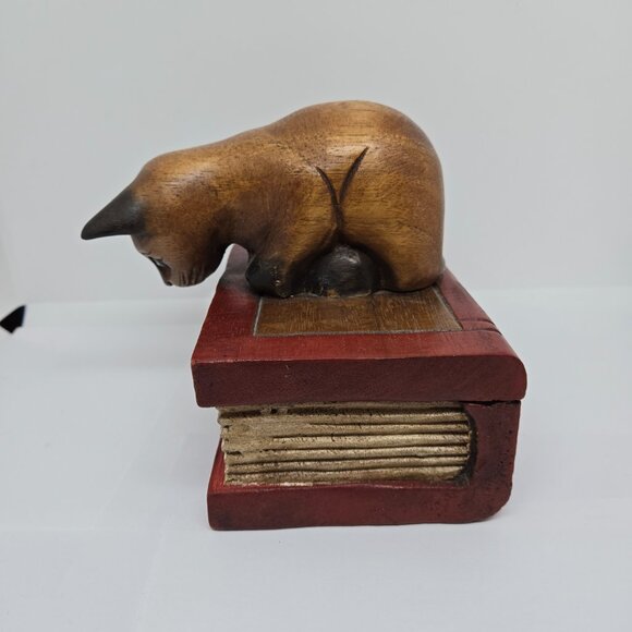 Hand Painted / Stained Wooden Cat / Kitten on a Book Trinket Box - Picture 3 of 10